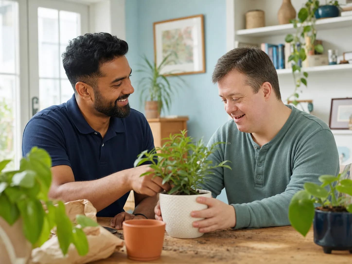 Support worker and adult service user taking part in an indoor gardening activity.