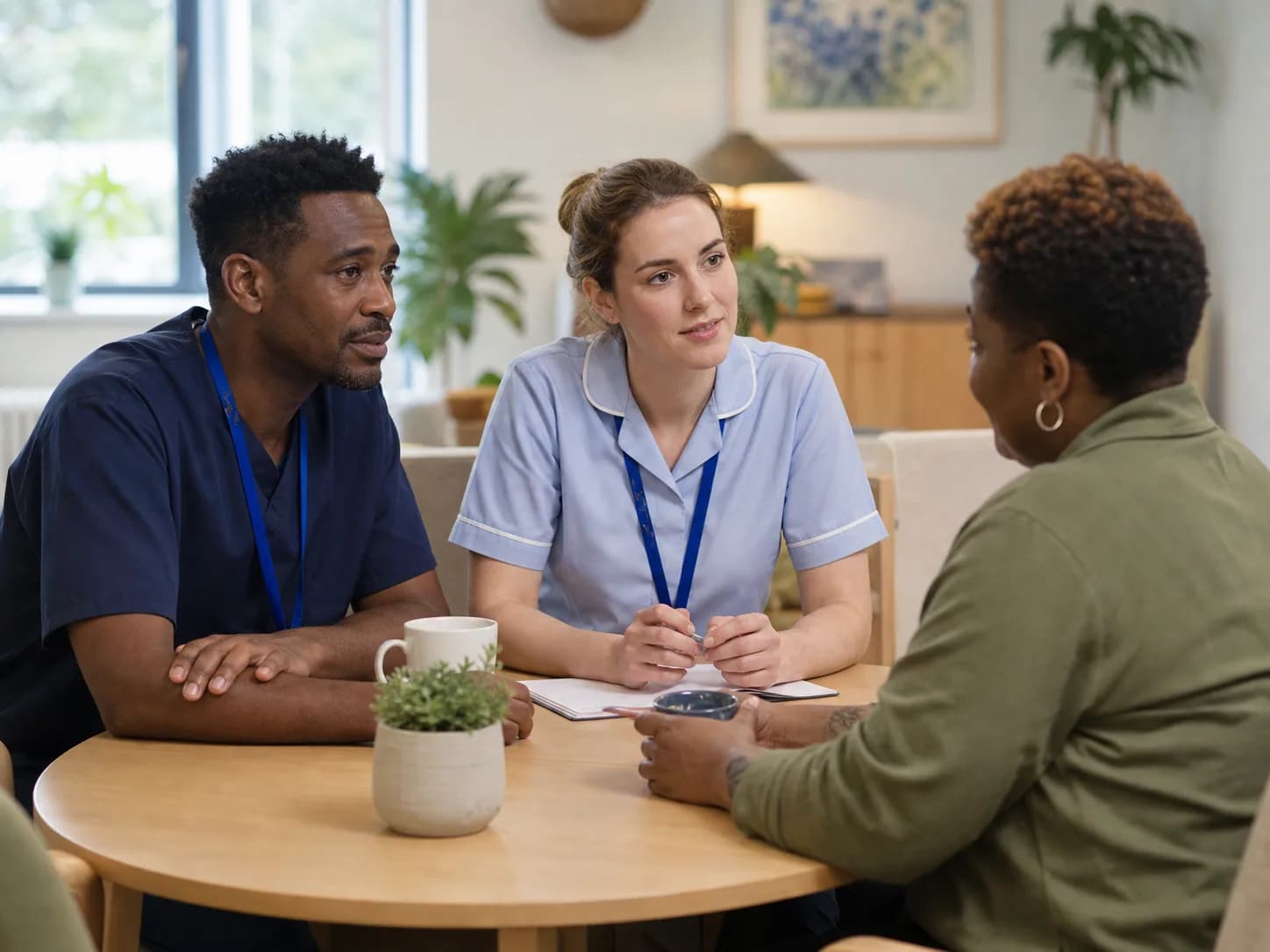 Care professionals and adult service user having a calm planning conversation.