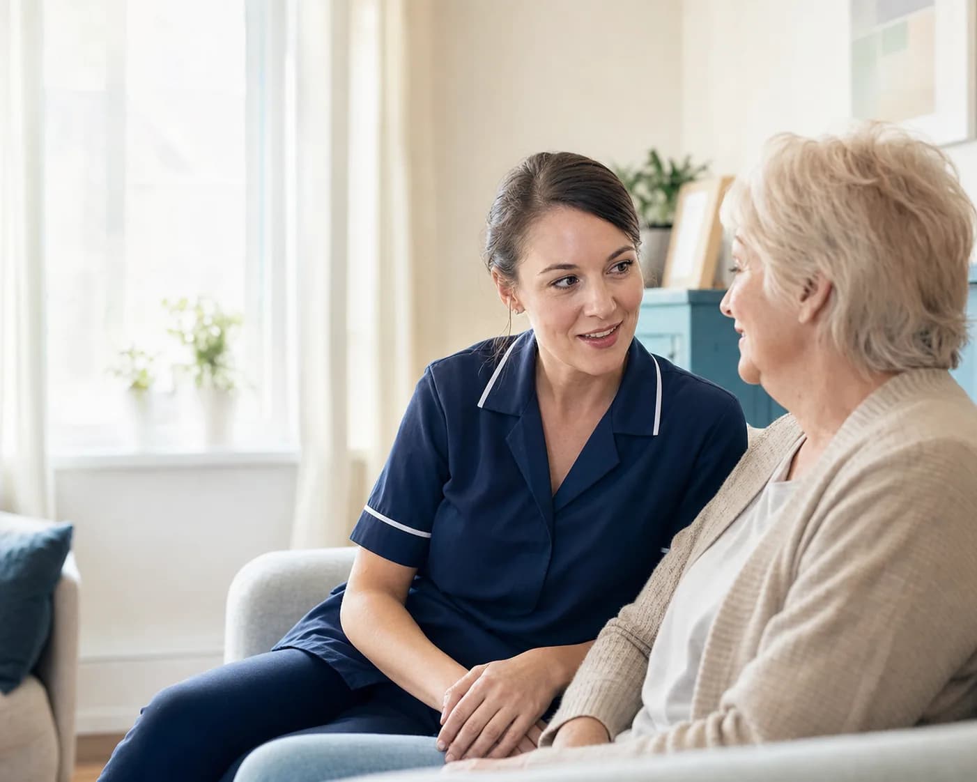 Care professional speaking with an older adult in a bright living room.
